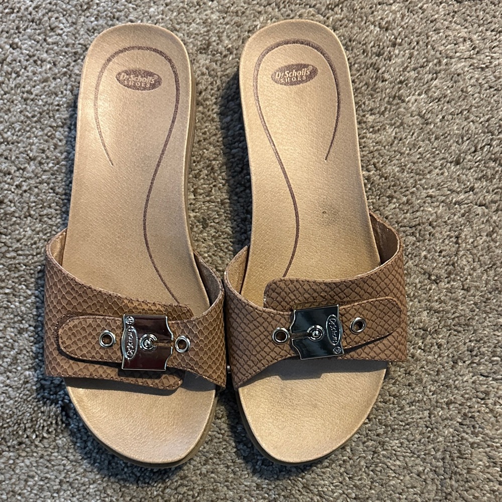 Dr. Scholl's Brown Textured Slide Sandals with gold Accent